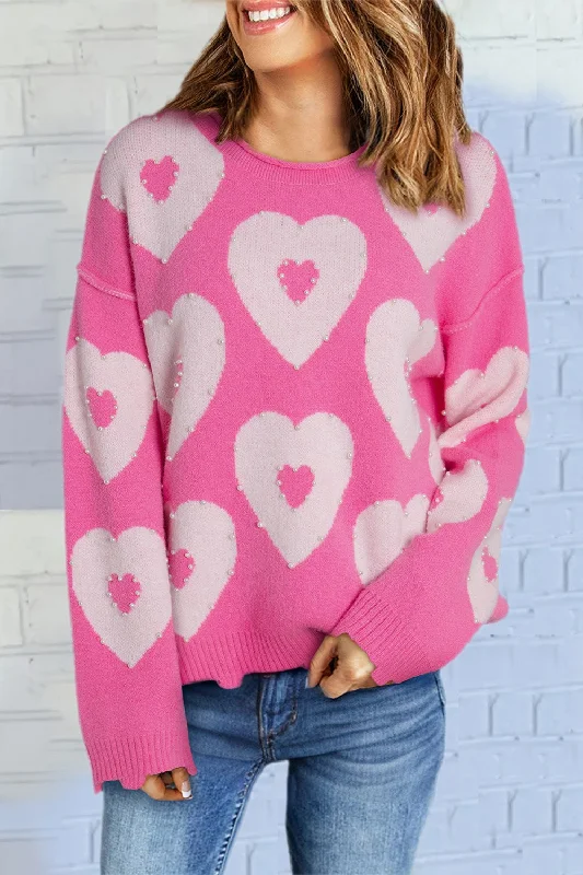 Abbie Pearl Detail Heart Round Neck Long Sleeve Sweater Collared Crew Neck Turtle Neck