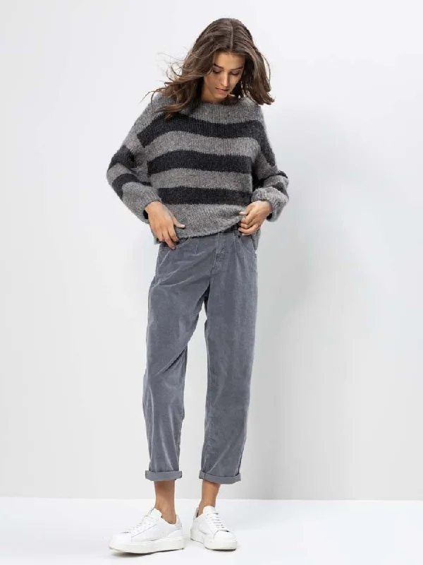H Grey & Black Striped Sweater Mesh Blend Leather Blend Suede Blend