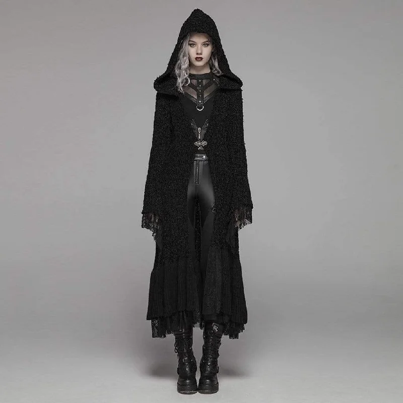 Women's Goth Multilayer Hooded Woolen Cardigan With Lace Sleeves Mesh Fabric Canvas Fabric Denim Fabric