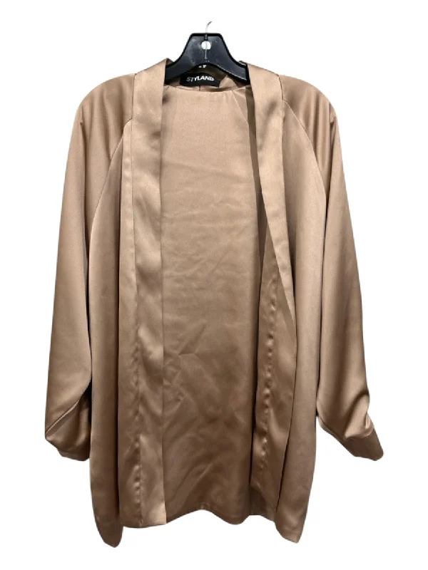 Styland Size 0/2 Tan Polyester Satin Open Front Cardigan Top Welt Pockets Slit Pockets Flap Pockets