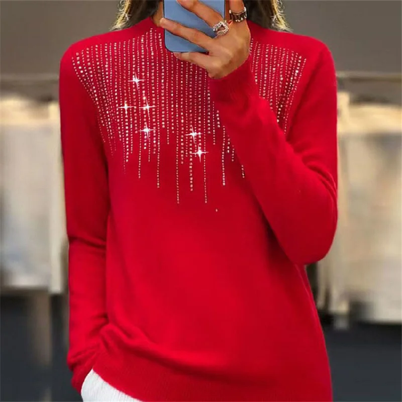 Women's Pullover Sweater Half-high Collar With Diamonds Tailored Straight A-Line