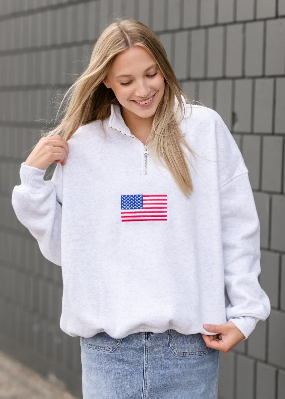 Vintage American Flag Quarter-Zip Sweatshirt - FINAL SALE Hoodie with Bell Sleeves Flared Feminine