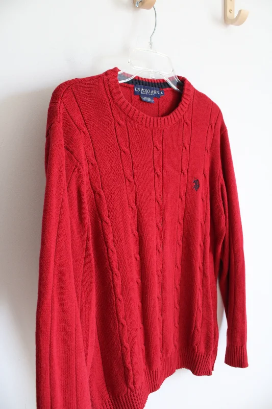 U.S. Polo Assn. Red Cable Knit Sweater | L Front Pockets Side Pockets Patch Pockets