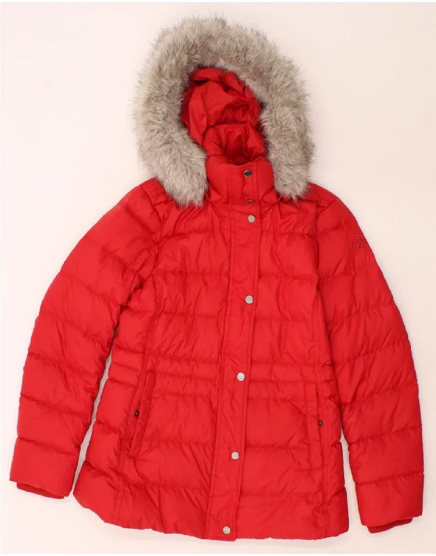 TOMMY HILFIGER Womens Hooded Padded Jacket UK 14 Medium Red Polyester Cotton Jacket Linen Jacket Terry Jacket