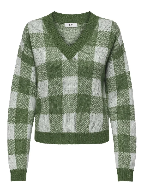 JDY Ladies Autumn V-Neck Check Pattern Pullover-MOSS Long Bell Sleeve