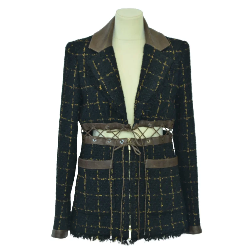 Black/Gold Fantasy Tweed Jacket with Leather Trims Mesh Jacket Canvas Jacket Denim Jacket