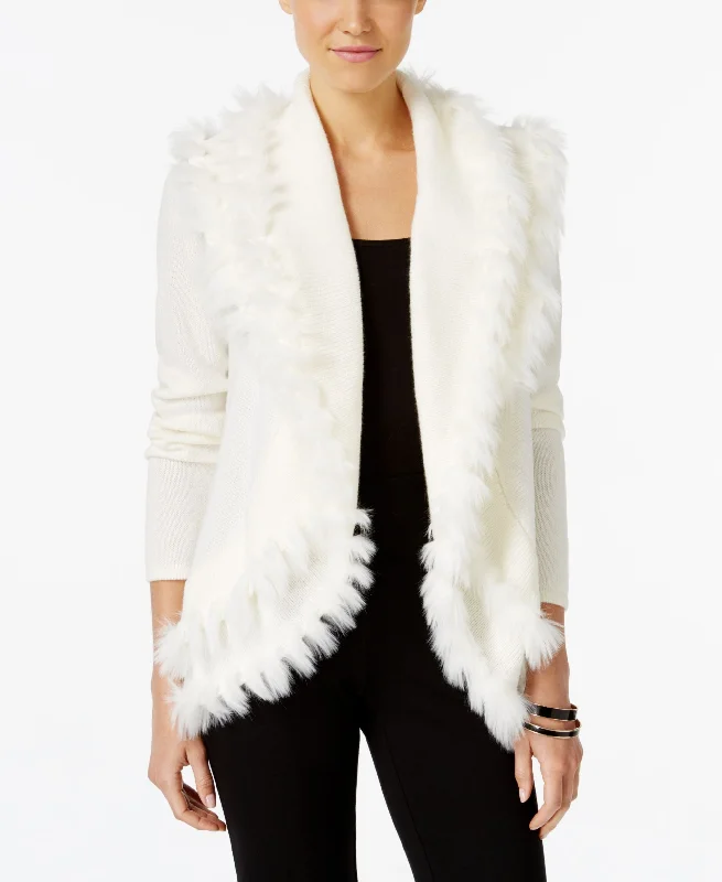 Alfani Petite Faux Fur Trim Cardigan Embroidered Appliqued Beaded