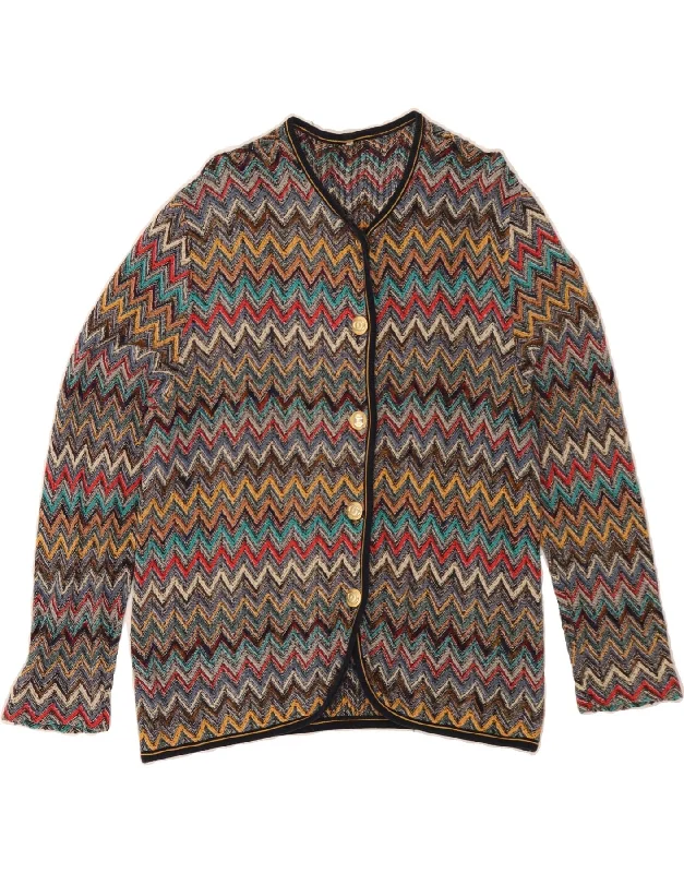 VINTAGE Womens Cardigan Sweater IT 48 XL Multicoloured Chevron Cotton Fabric Linen Fabric Terry Fabric