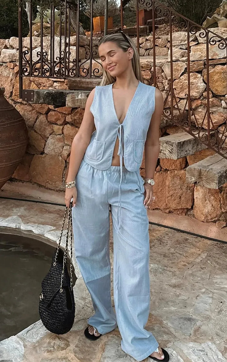 Light Grey Pinstripe Linen Look Tie Front Waistcoat and Wide Leg Trouser Set Trousers Denim Distressed Light Grey Pinstripe Linen Look Tie Front Waistcoat and Wide Leg Trouser Set Trousers Denim Distressed