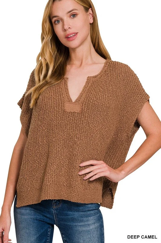 Everything Has Changed Deep Camel Split Neck Pullover (Size L/XL) Cable Knit Chunky