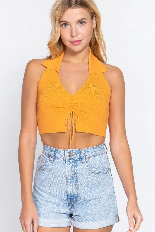Halter Ruched Crop Sweater Knit Top Mesh Blend Leather Blend Suede Blend
