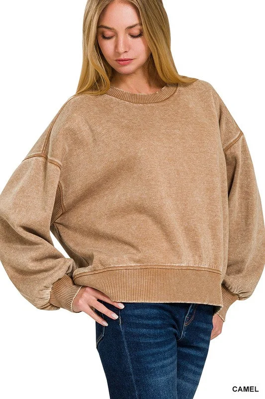 Movies And Chill Camel Acid Washed Pullover Polo Neck Sweater