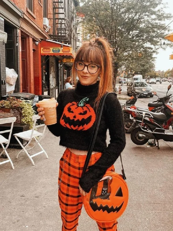 Gothic Black Pumpkin Print Women's Sweater Turtleneck Pullover Crop Long Sleeves Halloween Grunge Girls Party Top dolman Sleeve Top