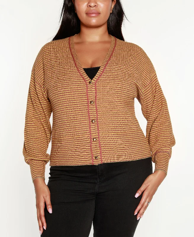 Belldini Black Label Plus Size Striped Button Front Cardigan Sweater Front Pockets Side Pockets Patch Pockets