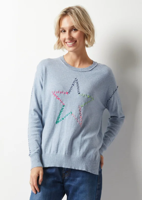 Embroidered Star Sweater Zippered Front Buttoned Front Snap Front