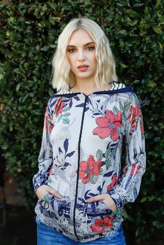 Navy Rust Flower Print Zip-up Contrast Striped Hood Sweater Ribbed Striped Patterned Navy Rust Flower Print Zip-up Contrast Striped Hood Sweater Ribbed Striped Patterned