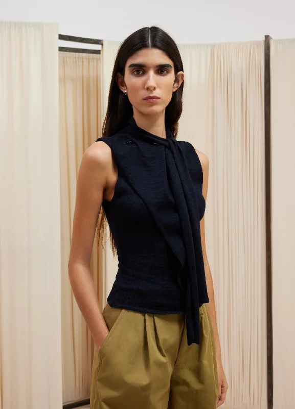 ASYMMETRICAL SLEEVELESS CARDIGAN Denim Fabric Leather Fabric Suede Fabric