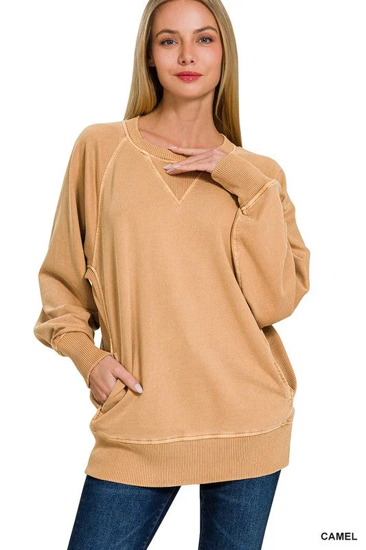 Casual Candor Camel French Terry Pocket Pullover Top Slouchy Comfort Pullover