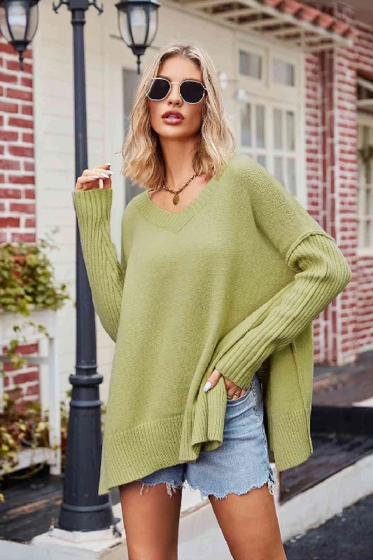 Tess V-Neck Slit Exposed Seam Sweater Mesh Sweater Canvas Denim