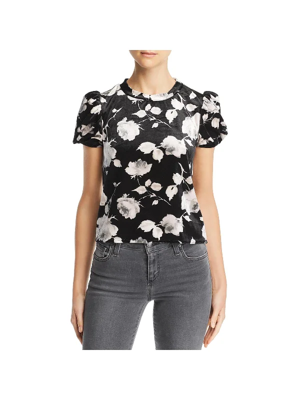 Womens Velvet Floral Pullover Top One Shoulder Top