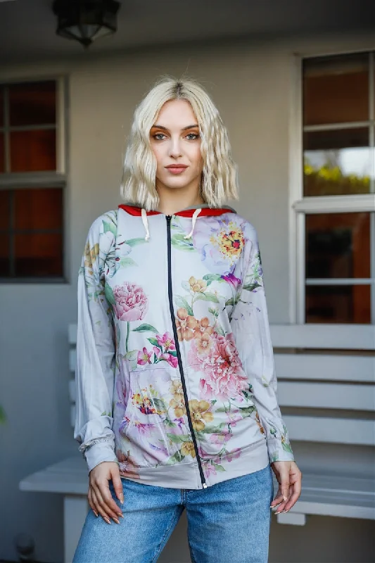 Grey Pink Flower Print Contrast Double Hood Sweater Solid Print Embellished