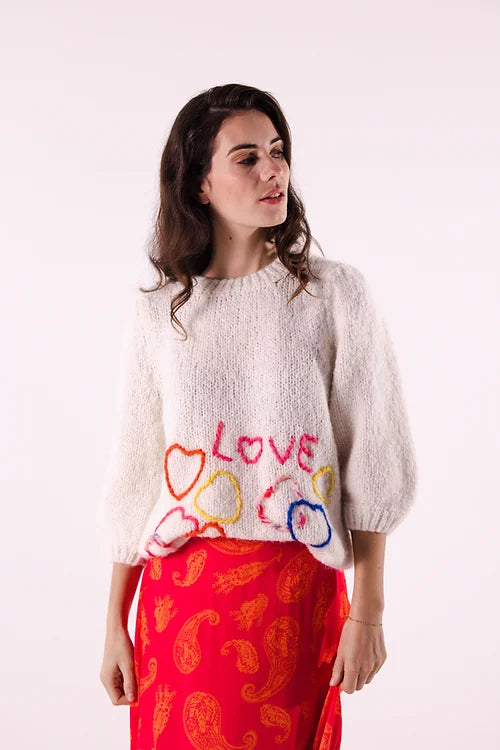 LES BLONDINETTES Cream Sweater With Hearts Fitted Slim Tailored