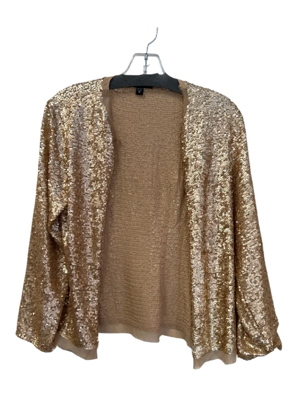 Bebe Size M Gold Silk Sequins Open Front Long Sleeve Cardigan Mesh Blend Leather Blend Suede Blend