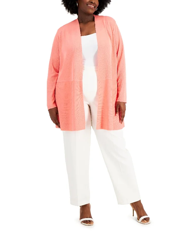 Plus Size Monterey Open-Front Cardigan Ribbed Striped Patterned