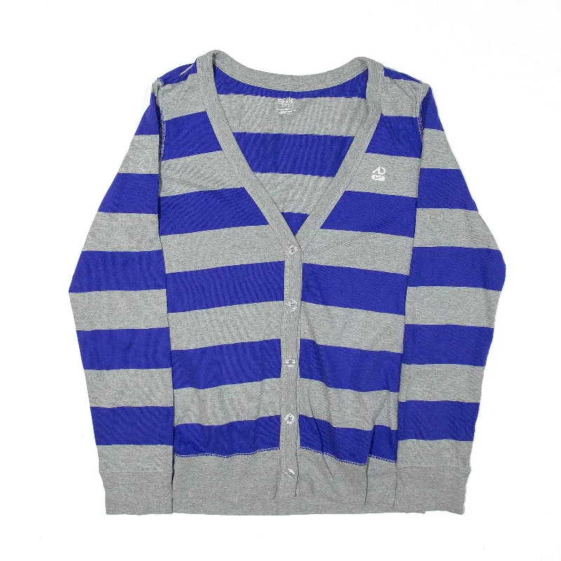 NIKE The Athletic Dept Patterned Cardigan Blue Striped V-Neck Womens L Fitted Slim Tailored