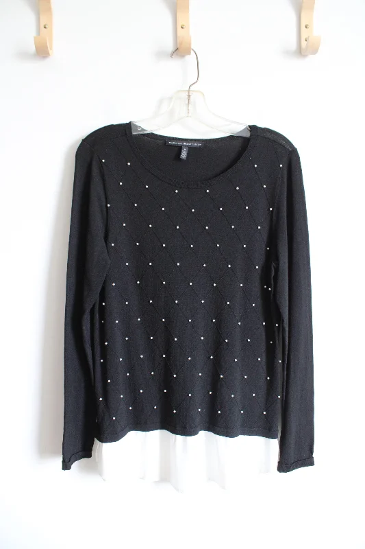 White House Black Market Pearl Studded White Hemmed Sweater | M Notch Collar Peter Pan Collar Cowl Neck