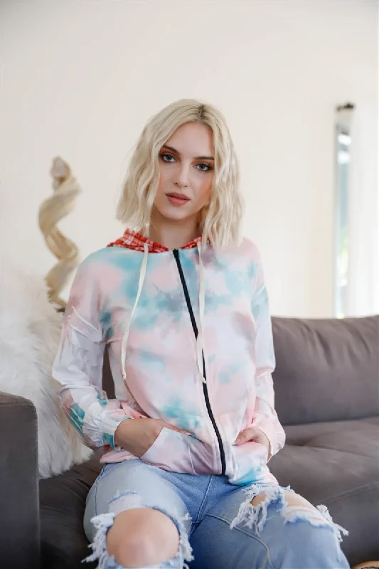 Feather & Tie-dye Print Contrast Plaid Hood Sweater Satin Blend Silk Blend Wool Blend Feather & Tie-dye Print Contrast Plaid Hood Sweater Satin Blend Silk Blend Wool Blend