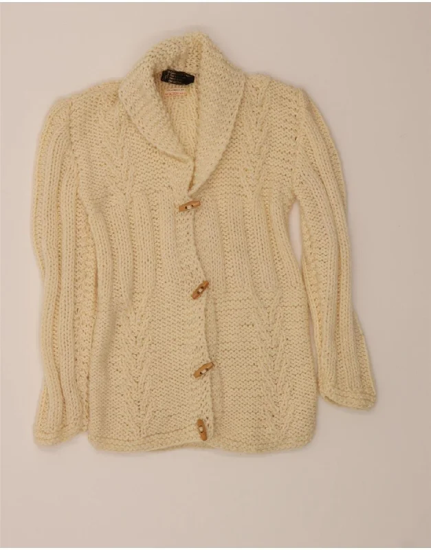 VINTAGE Womens Knitted by Hand Cardigan Sweater UK 10 Small Beige Acrylic Fleece Fabric Down Fabric Feather Fabric