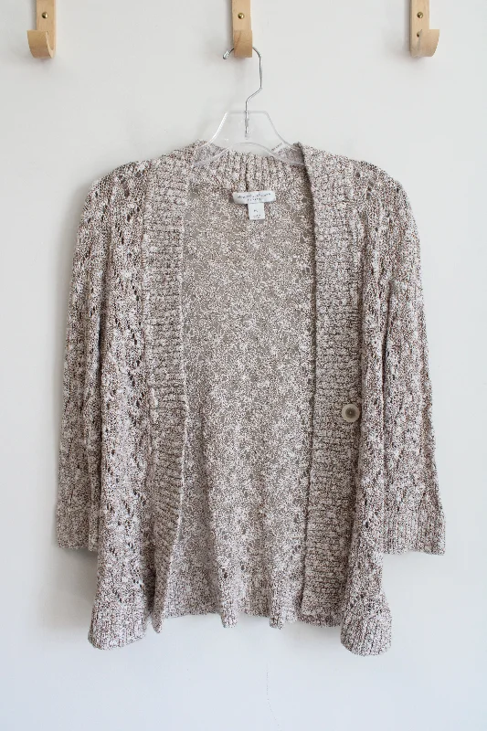 Christopher & Banks Brown & White Cardigan Sweater | L Petite Transparent Opaque Sheer