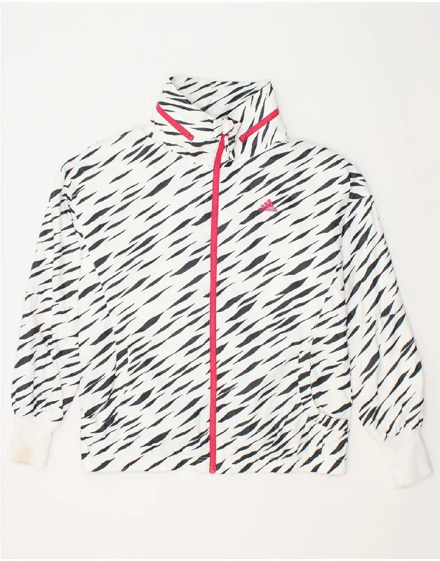 ADIDAS Womens Hooded Tracksuit Top Jacket UK 14 Large  White Animal Print Hoodie Zip-Up Jacket Button-Up Jacket