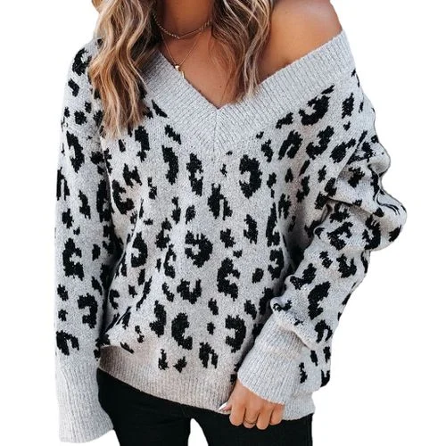 V-neck Strapless Leopard-print Pullover Sweater for Woman Chunky Knit Pullover