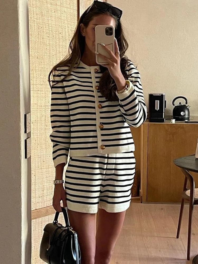 TAVIMART  -  Striped Knit 2 Piece-Set Shorts Women Fashion Zebra Printed Cardigan And High Waist Patchwork Shorts Sets Knitwear Outfits Terry Terry Cloth Terry Knit