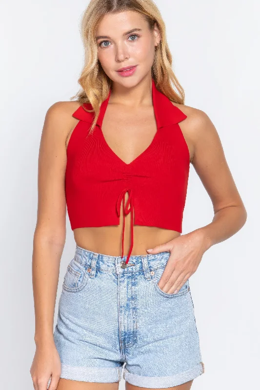Halter Ruched Crop Sweater Knit Top Chenille Blend Fleece Blend Nylon Blend