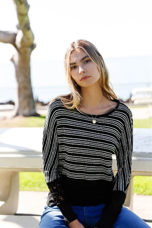 Black Striped Glitter Weave Crochet Trim Detail Long Sleeve Sweater Top Front Pockets Side Pockets Patch Pockets