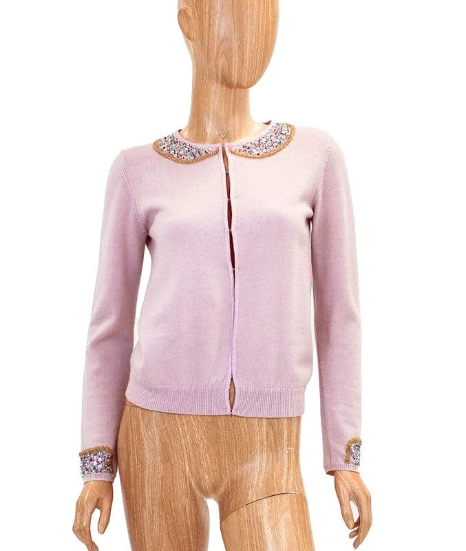 Beaded Pink Cardigan Collared Crew Neck Turtle Neck