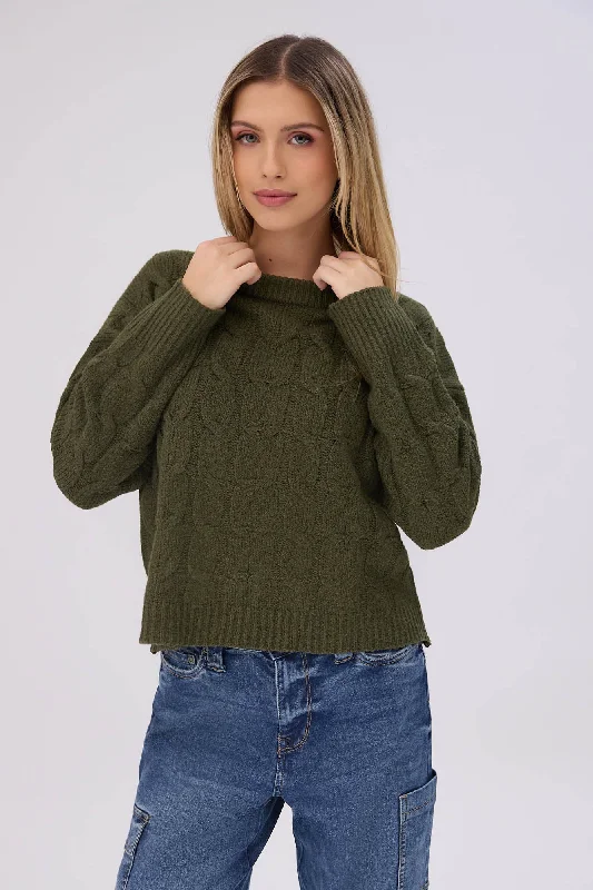 Cable Knit Crew Neck Pullover Sweater Bishop Sleeve Elegant