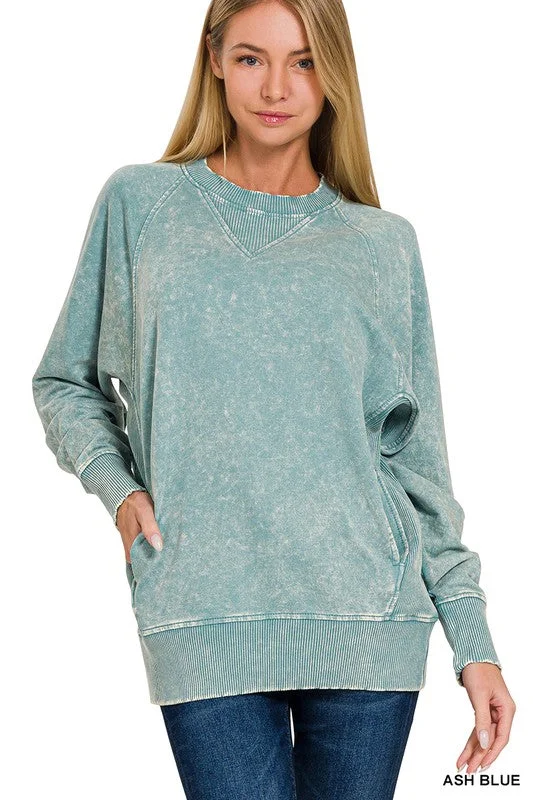 Apple Of My Eye Ash Blue Pocket Pullover Jewel Neck Pullover