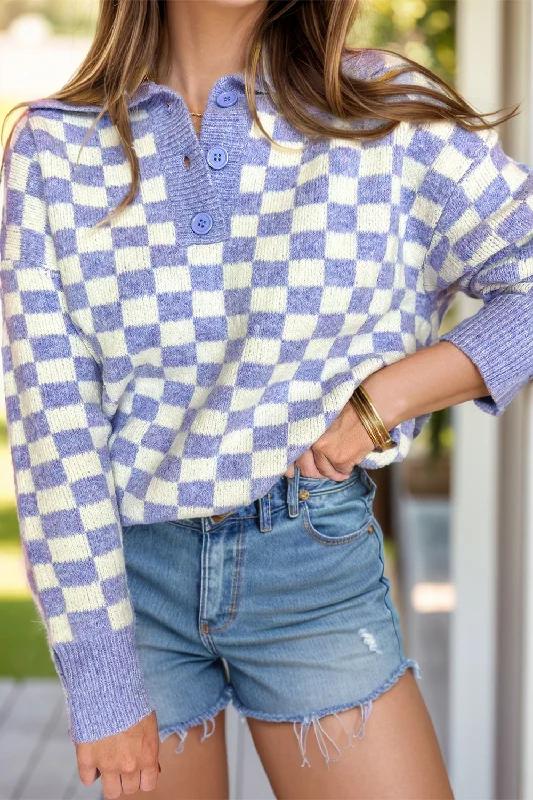 Hazel Blues® | Checkered Collared Neck Long Sleeve Sweater Zippered Front Buttoned Front Snap Front Hazel Blues® | Checkered Collared Neck Long Sleeve Sweater Zippered Front Buttoned Front Snap Front