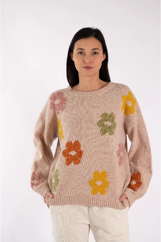 JEFF Beige Jumper With Flowers Notch Collar Peter Pan Collar Cowl Neck