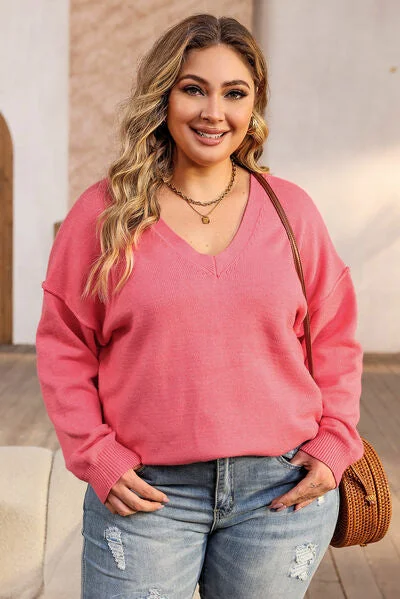Meegan Plus Size V-Neck Dropped Shoulder Sweater Chenille Blend Fleece Blend Nylon Blend