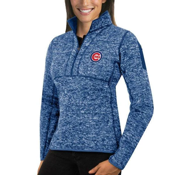 Women's Chicago Cubs Antigua Heathered Royal Fortune Half-Zip Pullover Sweater Slouchy Comfort Pullover