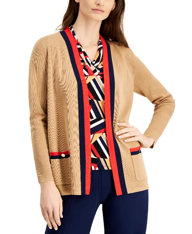 Anne Klein Petite Malibu Piped Cardigan Embroidered Appliqued Beaded