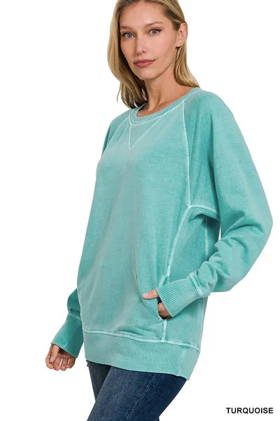 Turquoise French Terry Pullover Zipper Front Cardigan