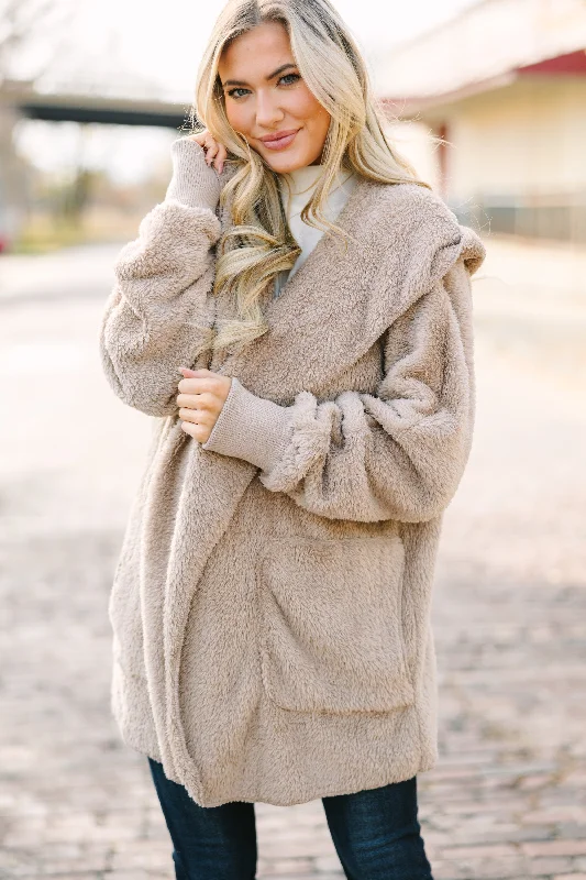 All An Act Taupe Brown Faux Fur Jacket One-Shoulder Jacket Off-the-Shoulder Jacket Asymmetrical Jacket