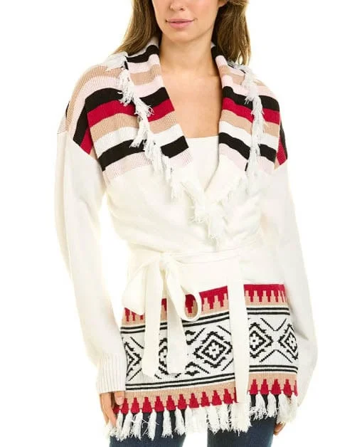 Printed Fringe Cardigan Collared Crew Neck Turtle Neck