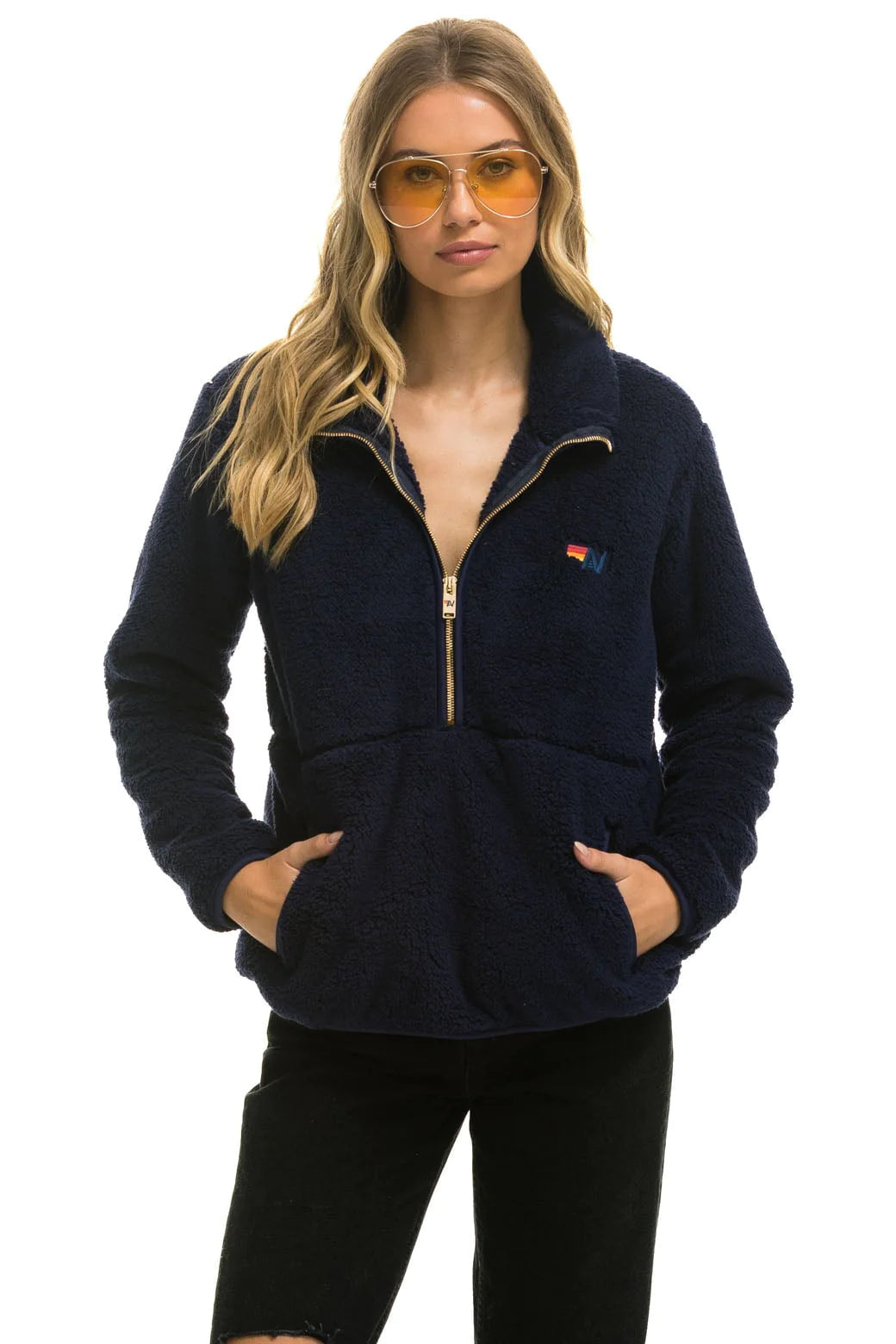 AVIATOR NATION HALF ZIP TEDDY JACKET - NAVY Denim Jacket Leather Jacket Suede Jacket